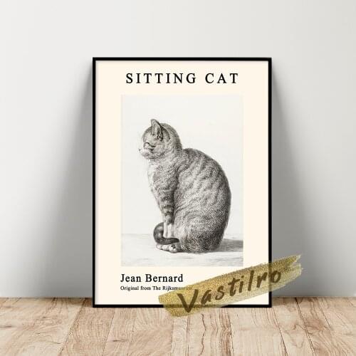 Jean Bernard Poster, Bernard Sitting Cat Wall Painting, Vintage Animal Wall Art, Cute Cat Art Prints, Living Room Wall Stickers