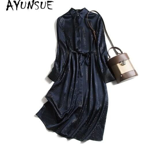 AYUNSUE 2021 Real Silk Dress Women Midi Elegant Shirt Dress High Quality Spring Summer Ladies Dresses Long Sleeve Vestido KJ6568