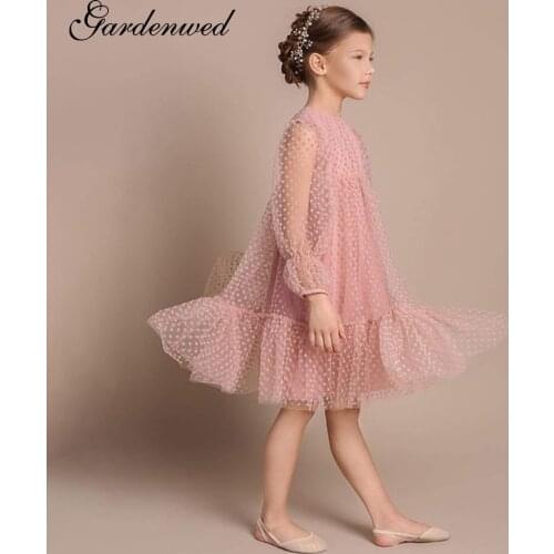 Gardenwed Polka Dot Puffy Pink Flower Girl Dresses Kids Long Sleeves Prom Dress Tulle Ruffles Girl Weddings,Celebrity Dresses
