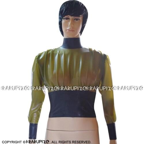 Transparent Green And Black Trims Sexy Short Latex Blouse With Back Zip Rubber Shirt Top Clothes YF-0142