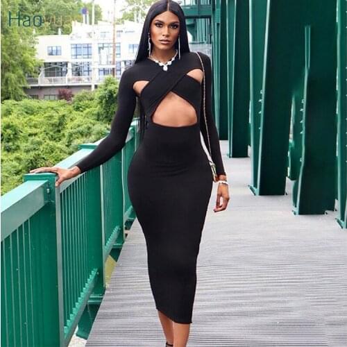 HAOYUAN Sexy Hollow Out Bodycon Maxi Dress Night Clubwear Birthday Outfits for Women Long Sleeve Fall Clothing Party Dresses