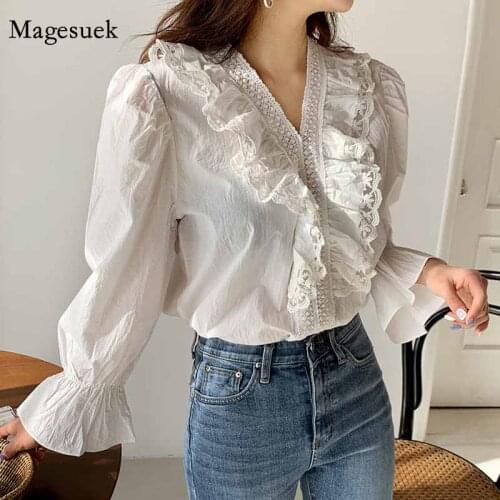Chic Lace Ruffle Stitching Autumn Vintage White Blouse Pullover Elegant Blouse Flare Sleeve Cotton Shirt Women Blusas 11271