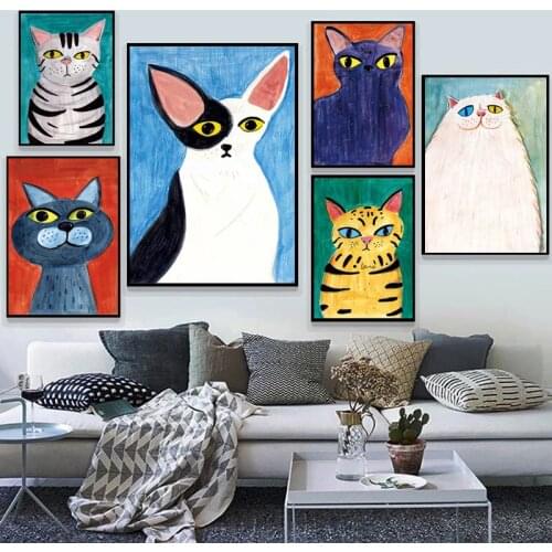 Modern Abstract Cartoon Cute Cat Canvas Paintings Posters and Prints Wall Art Picture for Living Room Wall Decoration Cuadros