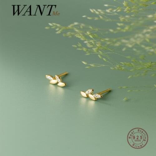 WANTME 925 Sterling Silver Fashion Korean Sweet Shiny Zircon Leaf 18k Gold Plated Small Stud Earrings for Women Party Jewelry