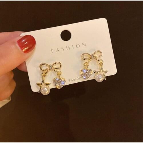 YAOLOGE Luxury Five-Pointed Star Peach Heart Bowknot Earrings Gold Rhinestone Pearl Studs Earrings Jewelry Accessories Women