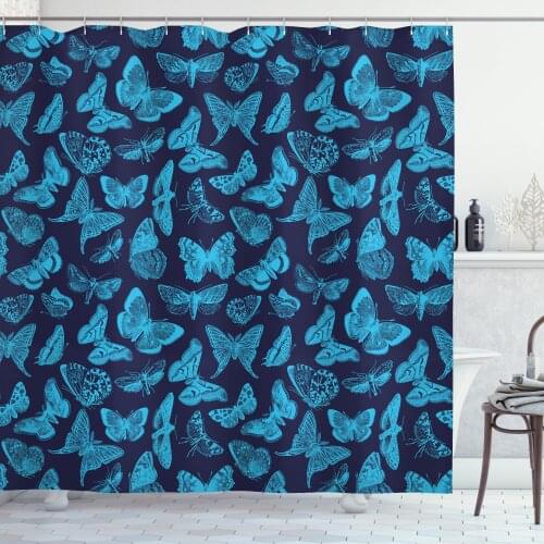 Butterfly Blue Tones Shower Curtain Set Moth Aqua Color Palette Curtain for Bathroom Decor 12 Hooks Decorative Bath Accessory