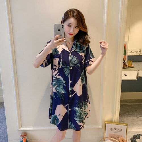 New 2021 Summer Autumn Silk Womens Sleepwear Sexy Sleepshirt Long Print Ladies Nightgown Shirt Skirt Girl Outwear Nightdress