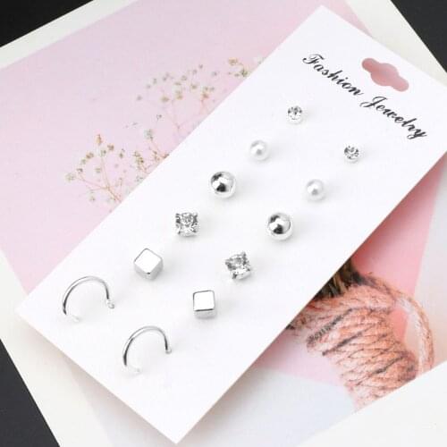 6 Pairs Pearl CZ Hoop Studs Irregular Geometric Assorted Stud Earrings Set Women R7RF