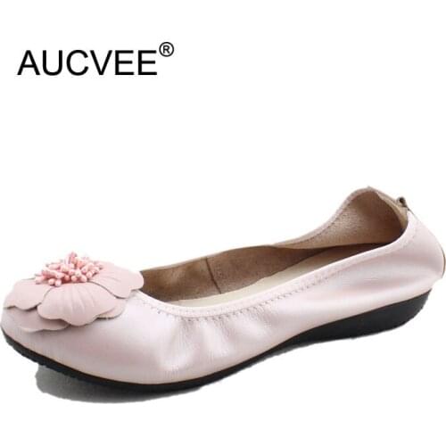 Spring 2021 Fashion Shallow Mouth Shoes Woman Super Soft Genuine Leather Flower Flats Slip On Pregnant Women Shoes Plus Size 44