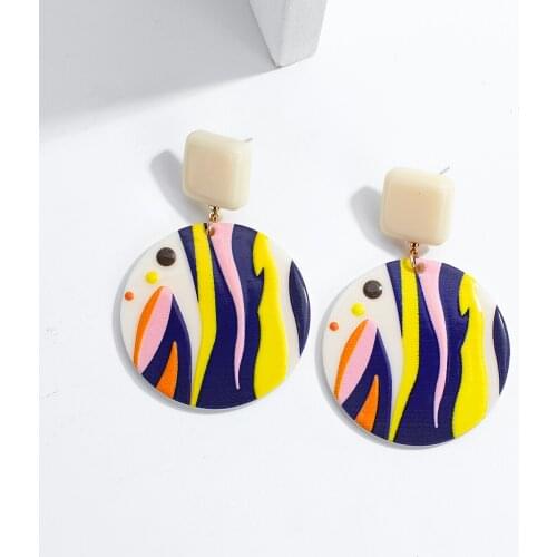 AMORCOME Vintage 3D Colorful Line Printing Acrylic Earrings for Women Geometric Round Graffiti Dangle Earrings Jewelry 2021