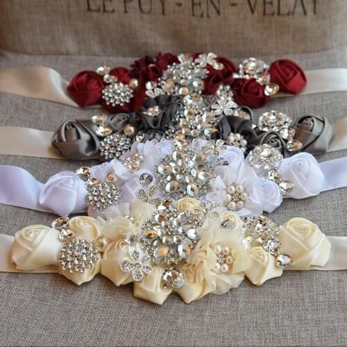 Womens Elegant Red White Flower Sash Rhinestone Beaded Waistband Bridal Ribbon Cummerbunds Wedding Dress Waist Floral Belt B10