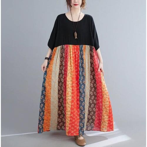 2021 New Arrival Short Sleeve Loose Summer Dress Patchwork Print Floral Vintage Dress Plus Size 5XL 6XL Women Casual Long Dress