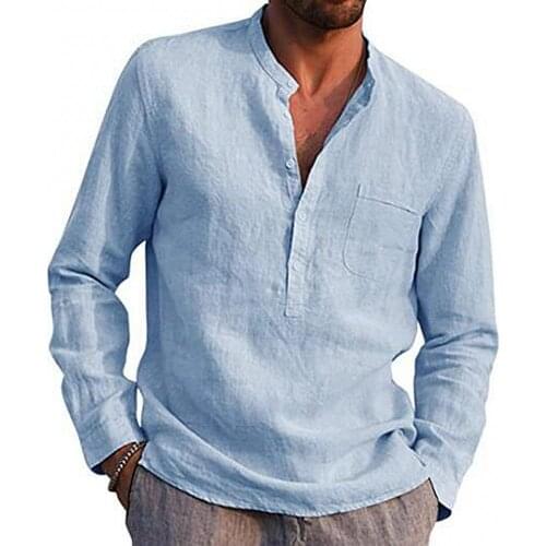 2021 Fashion Mens Baggy Cotton Linen shirt Solid Color V Neck Long Sleeve Button Pocket Top Cotton Linen Shirt Tops Dating