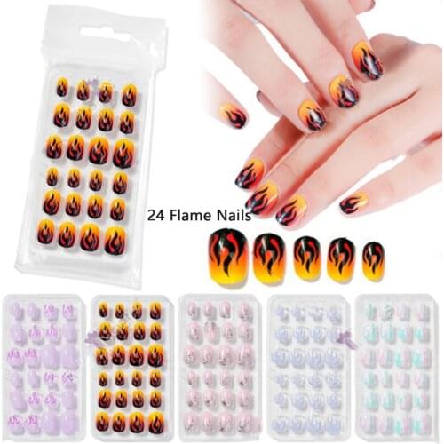 24 Pcs/set False Tips Flame Full Cover Detachable Press on Fake Nail Art