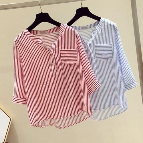 Fashion Stripe Womens blouse Leisure V-Neck tunic Tops summer Half Sleeve shirt Button summer blouses women elegant топ женский