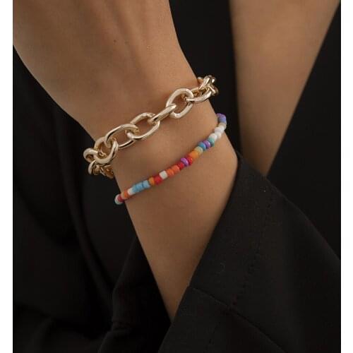 Bohemian Summer Beach Colorful Beads Bangle Bracelet Set Gold Color Cross Chain Charm Bracelet On Hand Accessories Jewelry