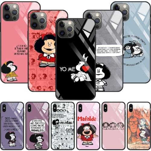 Cute Mafalda Hot Sale Tempered Glass Phone Case for iPhone 12 Mini 11 Pro Max SE 2 X XR XS Max 8 7 Plus 12 Pro TPU Cover
