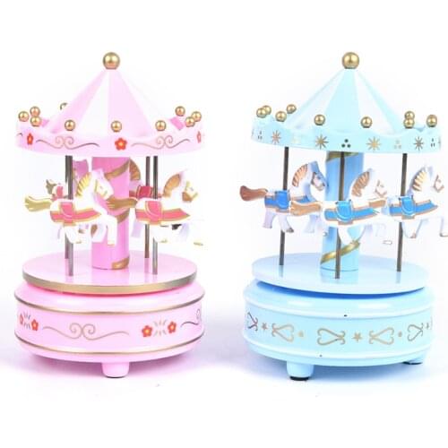 3 Colors Wooden Merry-Go-Round Carousel Music Box Kids Toys Gift Wind-Up Musical