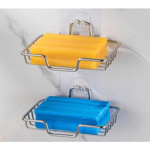 New 50pcs/lot Stainless Steel Soap Dish Holder with sticker Dish Rack Tray Self-draing Soap Saver Basket Sponge Holder