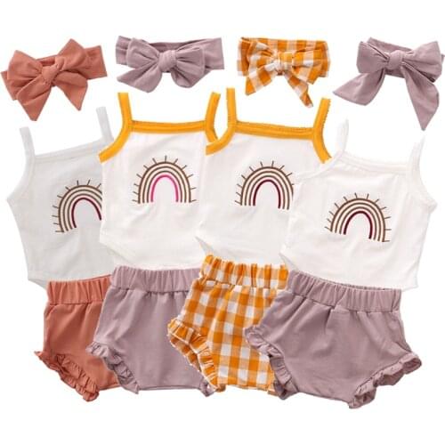 0-24M Cute Newborn Baby Boys Girls Summer Cotton Clothes Kids Infant Sleeveless Rainbow Print Rompers+Ruffles Shorts+Headband
