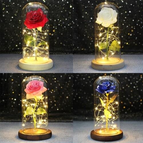 VIP Dropshipping Beauty and the Beast Red Rose in a Glass Dome with LED Light Wooden Base for Valentines Mothers Day Gifts
