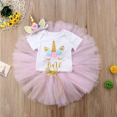 Emmababy Newborn Baby Girl Clothes Birthday Print Short Sleeve Romper Tops Tutu Tulle Skirt Headband 3Pcs Outfits Princess Set