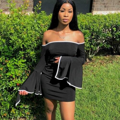 European and American Sexy Womens New Nightclub Style Tube Top Strapless Flared Sleeve Dress Short Skirt One Shoulder