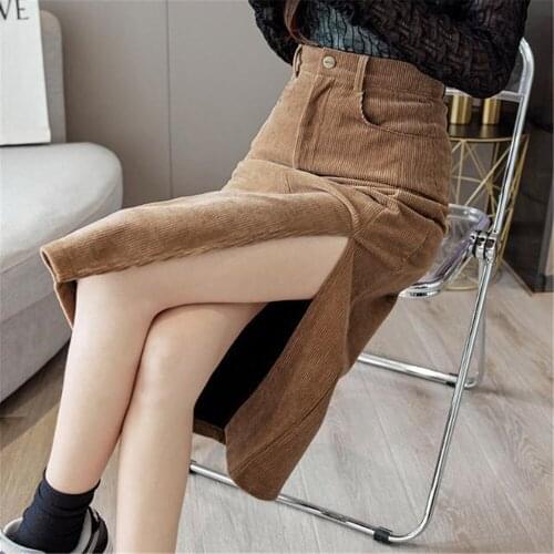FairyShely Vintage Long Skirt Womens 2021 Corduroy Split Skirts Elegant Korean Style Fashion Pocket High Waist Midi Skirt Femme