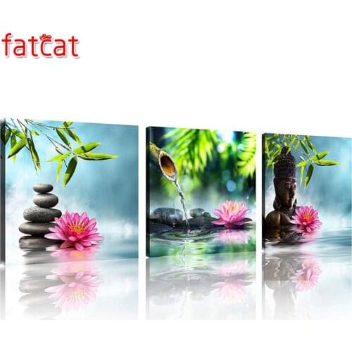 FATCAT Green Bamboo Pink Water lily Zen Buddha 3 piece diy diamond painting full square diamond embroidery kit triptych AE1058