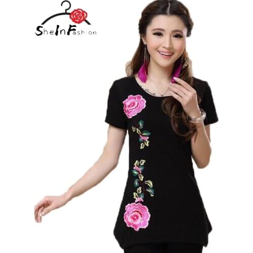 4XL Vintage T Shirt Women Floral Embroidery Cotton Black and White Ladies T shirts Summer Short sleeve Elegant Casual Femme Tops