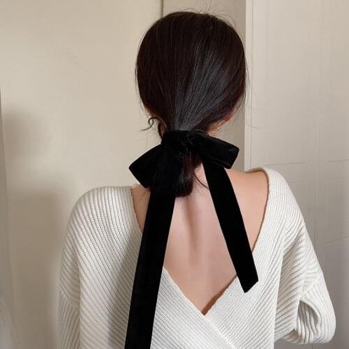 Korean Flannel Bow Long Hair Tie Retro Black Bandage Fairy Rubber Band Hair Accessories