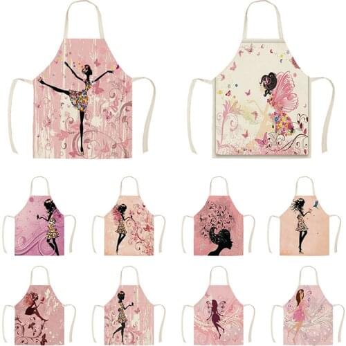 Home Cleaning Tools Cooking Apron Cartoon Butterfly Flower Girl Printed Cotton Linen Women Sleeveless Kitchen Aprons WQI849