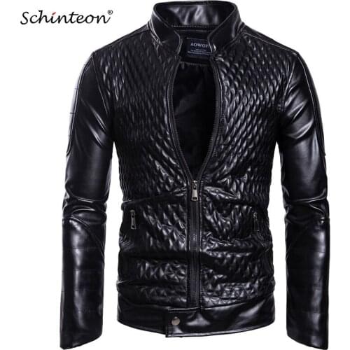 Schinteon Men Soft PU Leather Biker Motorcycle Jacket Stand Collar Slim Fit Outwear Faux Leather Casual Coat Red Black