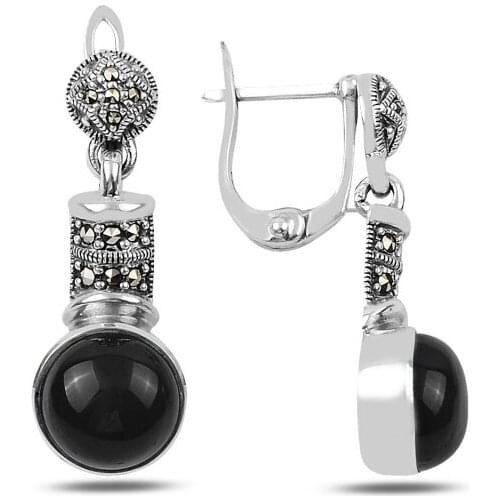 KUTAYDAN Marcasite & Onyx Stone Dangle Earrings 925 Sterling Silver