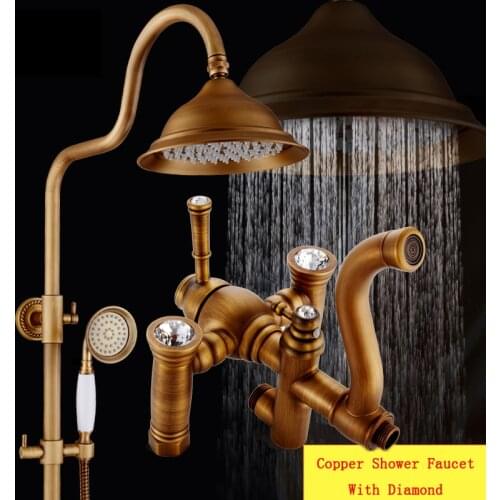 Copper diamond shower faucet set shower head, Antique bathroom brass shower set, Wall mounted rain shower faucet mixer water tap