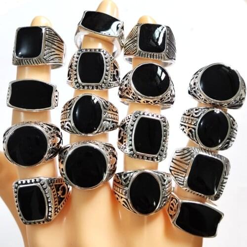 Wholesale lots 30pcs Design Mix Black Enamel Silver Tone Rings For Men Vintage Man Ring Retro Punk Alloy Jewelry Party Gift