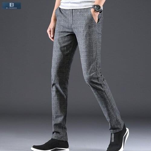 2018 Plaid Business Casual Pants Men Cotton Polyester Autumn Trousers Soft Breathable Black Grey Straight Male Pant Size 28-38