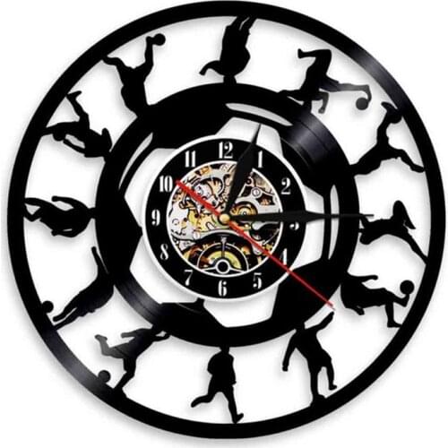 Football Players Kick Ball Net Goal Soccer Wall Clock Futball Field Ball Team Sport School College Kids Game Vinyl Record Clock