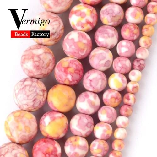 Natural Pink Yellow Stripe Rain Flower Stone For Jewelry Making DIY Necklace Bracelet Round Loose Spacer Beads 4mm-10mm 15"