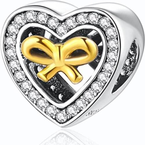 Bound by Love Gold Bowknot With Clear CZ Crystal Charms fit Lady Bracelet Bangle Jewelry Authentic S925 Silver Bead
