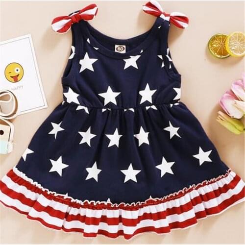 Baby Girls 4th of July Dress Patriotic Stars Stripes Sleeveless Bowknot Independence Day Casual Dress