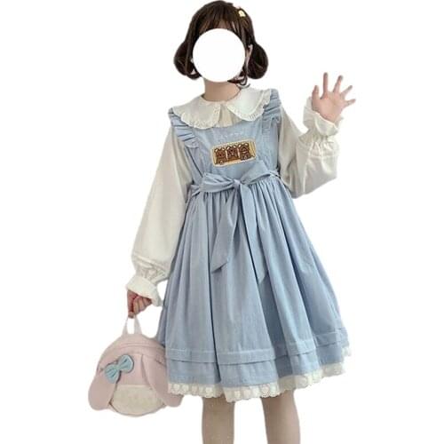 Lolita Kawaii Bear Doll Dress Teen Girls Brown Winter Vintage Corduroy Overalls Women Sleeveless Princess Party Cute Blue Dress