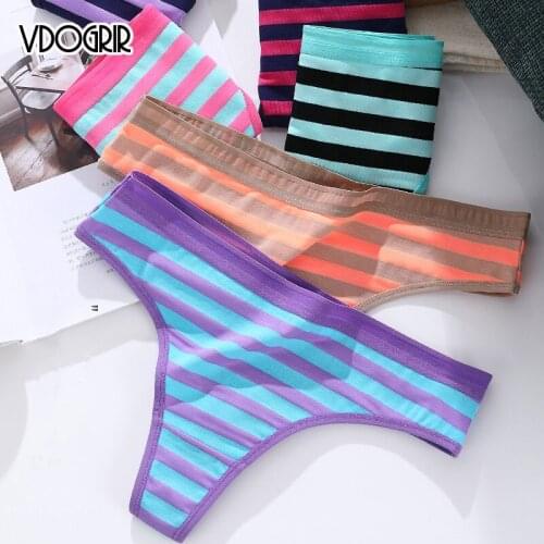 VDOGRIR Sexy Womens Cotton Panties Thongs Low Waist Striped G-String Underwear Seamless Briefs Comfortable Lady Lingerie Tangas