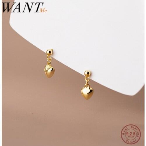 WANTME 925 Sterling Silver Simple Glossy Romantic Love Heart Pendant Stud Earrings for Fashion Girl Party Chain Women Jewelry
