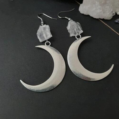Witch Moon and Raw Stone Earring Healing Stone Teardrop Creative Gothic Celestial Goth Jewellery Women Statement Gift Boho Trend