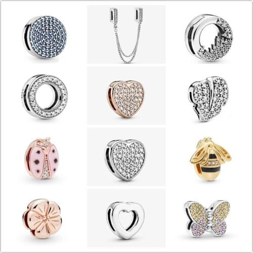 925 Sterling Silver Reflexions Sparkling Safety Chain Clip Charm Fit Pan Women Bracelet & Necklace Jewelry