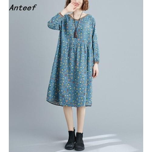 Long sleeve plus size cotton linen vintage floral for women casual loose midi autumn dress elegant clothes 2021 ladies dresses