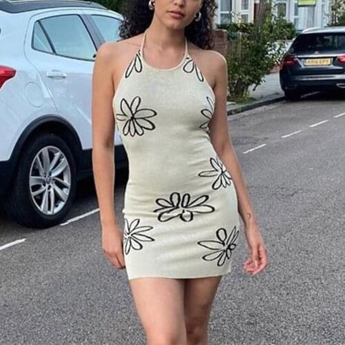 Womens Halter Knitted Backless Dress Floral Sleeveless Mini Bodycon Women Dresses 2021 Summer Streetwear Slim Sexy Lady Clothes