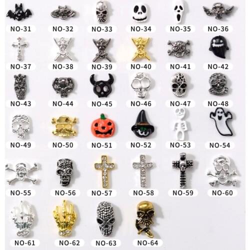 10pcs Halloween Design Alloy Nail Art Decoration 3D Ghost Skull Pumpkin Cross Bat Nail Jewelry Ornament DIY Manicure Accessories