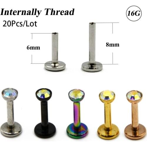 20Pcs 2/2.5/3mm Gem Lip Ring Labret Ear Tragus Cartilage Stud Helix Piercing Earring Lip Stud with Internally Thread 16g Jewelry